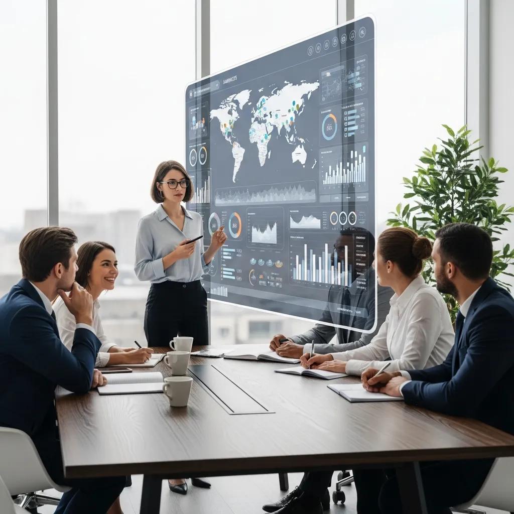 Team reviewing an analytics dashboard and insights during a business meeting