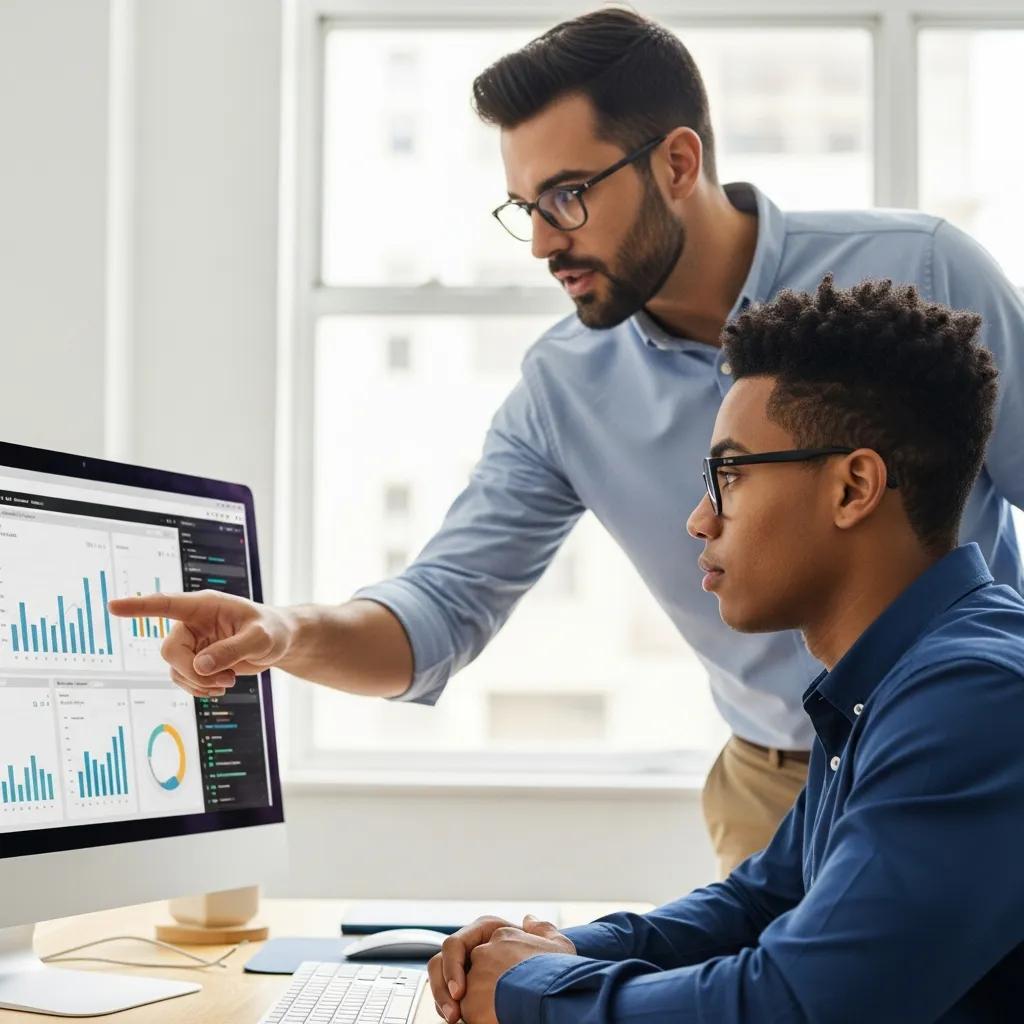 Data analytics mentor guiding a mentee through a real-world project