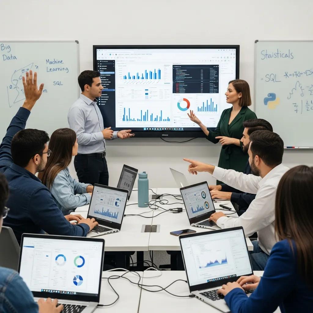 Students collaborating in a data analytics training session, highlighting a practical learning environment