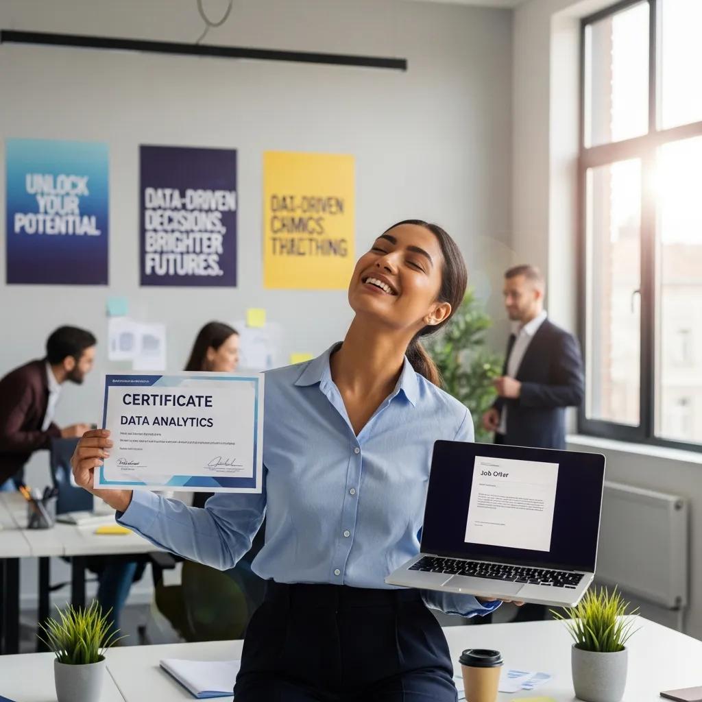 Young professional celebrating a data analytics job offer with a certificate