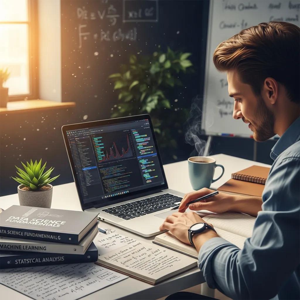 Young professional studying data analytics with laptop and books